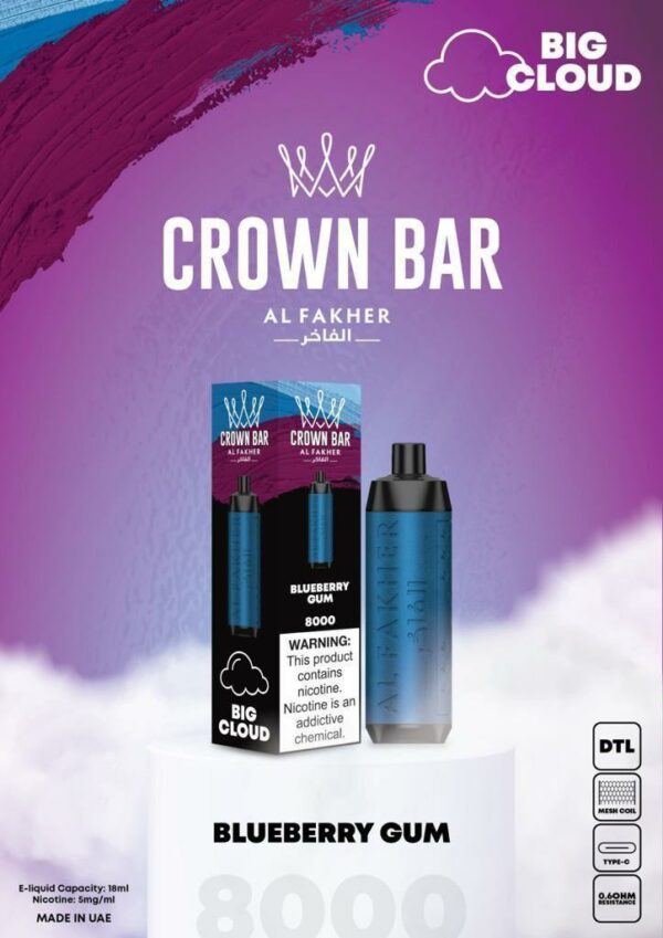 Al Fakher Crown Bar 8000 Puffs Disposable Vape (DTL)- Blueberry Gum